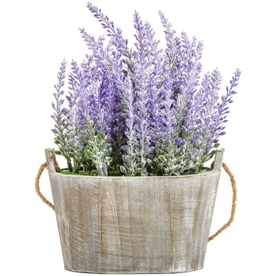 Artificial Lavender Fake Flower Plant In Rustic Oval Wooden Box For Decorations 2 Artificial Lavender Fake Flower Plant In Rustic Oval Wooden Box For Decorations - Image 2