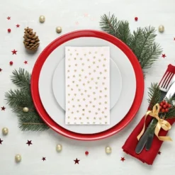 Blue Panda 50 Pack White And Gold Dinner Napkins, Disposable With Gold Foil Stars For Birthday Party, Wedding, 3 Ply, 4 X 8 In