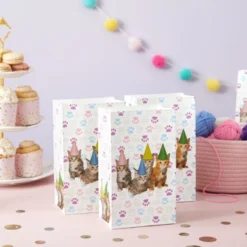 Cat Party Favor Bags - 36-Pack Cat Birthday Pet Party Supplies, Small Paper Gift Bags For Goodies, Cats And Paws Design, 5.1 X 8.7 X 3.2 Inches