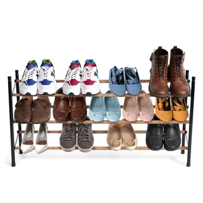 Juvale Free Standing 3 Tier 18 Pair Shoe Rack Shelf Organizer For Entryway Closet, 24"-45" Expandable, Black & Oak Grain Metal 4 Juvale Free Standing 3 Tier 18 Pair Shoe Rack Shelf Organizer For Entryway Closet, 24"-45" Expandable, Black & Oak Grain Metal - Image 4