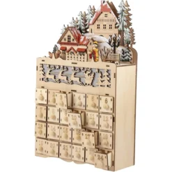 Juvale Wooden Advent Calendar - LED Light Up Festive Christmas Village, Reindeers, Holiday Treasure Box