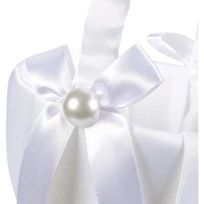 Juvale White Flower Girl Basket For Wedding Reception Rose Petals, Cute Satin Bowknot With Pearl Design (8.7 X 5.2 X 4.2 In) 4 Juvale White Flower Girl Basket For Wedding Reception Rose Petals, Cute Satin Bowknot With Pearl Design (8.7 X 5.2 X 4.2 In) - Image 4