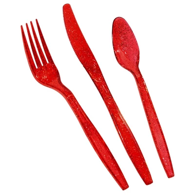 Juvale 144 Pieces Plastic Silverware Cutlery Utensils Set With Forks, Knives, Spoons For Birthday Party Supplies, Red Glitter 3 Juvale 144 Pieces Plastic Silverware Cutlery Utensils Set With Forks, Knives, Spoons For Birthday Party Supplies, Red Glitter - Image 3