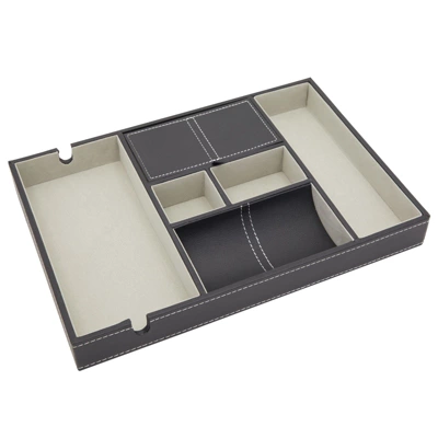 Juvale Mens Valet Tray, Nightstand Organizer With 6 Compartments For Phone, Watch, PU Leather Catchall For Dresser, Black, 13.9 X 9.5 X 1.6 In 4 Juvale Mens Valet Tray, Nightstand Organizer With 6 Compartments For Phone, Watch, PU Leather Catchall For Dresser, Black, 13.9 X 9.5 X 1.6 In - Image 4