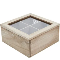 Juvale Wooden Box For Tea Bags Organizer, Rustic 4-Compartment Container With Clear Lid, 7 X 7 X 3 In -Juvale GUEST d7bc912c 1321 482d bb91 fc11907faeb9