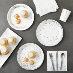 Juvale 144 Piece Silver Party Supplies For Wedding, Birthday, Includes Plates, Napkins, Cups, And Cutlery, Serves 24