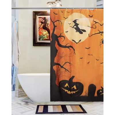 Juvale Halloween Bathroom Shower Curtain With Hooks, Orange And Black (72 X 72 In) 1 Juvale Halloween Bathroom Shower Curtain With Hooks, Orange And Black (72 X 72 In)