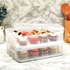 Juvale Clear Plastic 2 Tier Cupcake Carrier Storage Box Holder With Lid For 24 Cakes, 13.5x10.25x7.5 In