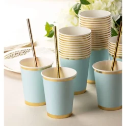 Juvale 50-Pack Light Blue With Gold Foil Disposable Paper Cups Party Supplies 9 Oz