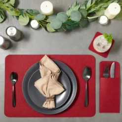 Juvale Felt Table Placemats Set Of 8 For Dining Table And Kitchen Decor With Drink Coasters And Cutlery Pouches (Dark Red, 24 Pieces)