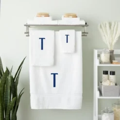 Juvale 3 Piece Letter T Monogrammed Bath Towels Set, White Cotton Bath Towel, Hand Towel, And Washcloth W Blue Embroidered Initial T For Wedding Gift