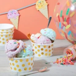 Juvale 100 Pack Paper Ice Cream Cups, Disposable Dessert Bowls With Gold Polka Dots For Sundae Bar, Frozen Yogurt, White, 8 Oz